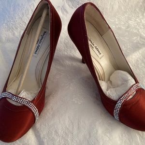Benjamin Adams London silk & leather size  7 heels with crystals dyed cranberry